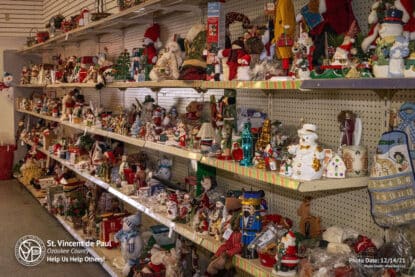 Christmas decorations shelf at SVDP Ozaukee County in Port Washington, WI.