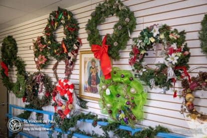 Christmas wreathes for sale at SVDP Ozaukee County in Port Washington, WI.