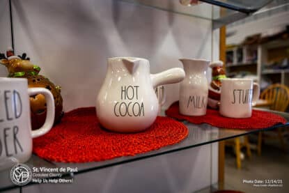 Hot Cocoa ceramic cups at SVDP Ozaukee County in Port Washington, WI.