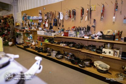 Kitchen utensils and cookware at SVDP Ozaukee County in Port Washington, WI.