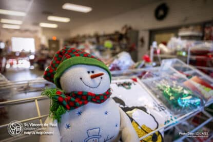 Plush snowman decorations at SVDP Ozaukee County in Port Washington, WI.