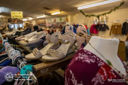 Used women's shoes in the clothing department at SVDP Ozaukee County in Port Washington, WI.