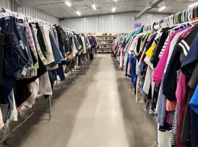 Women's clothing aisle at St. Vincent de Paul, Ozaukee County.