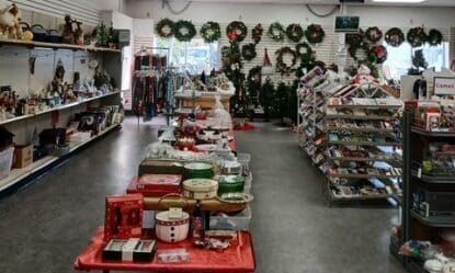 SVDP Christmas Shoppe wreathes and other Christmas items.