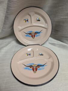 4 Divided Enamelware Longhorn Steer 10”Plates Monterey Western Cowboy Diablo W19
