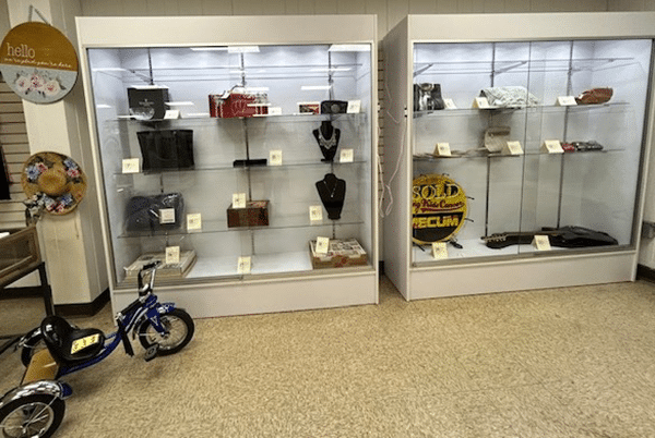 SVDP Ozaukee County January 2025 Silent Auction items in display case including autographed baseball glove, neon sign, purses, comics, basketball cards, guitar, jewelry and many other items.