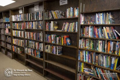 Used books for sale on teh shelves at St. Vincent de Paul in Port Washington, WI.