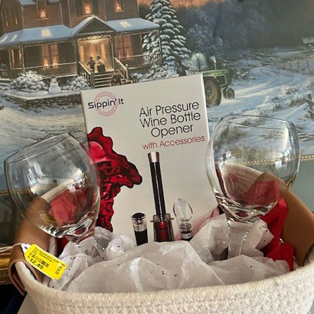 Wine glass and wine opener gift basket.
